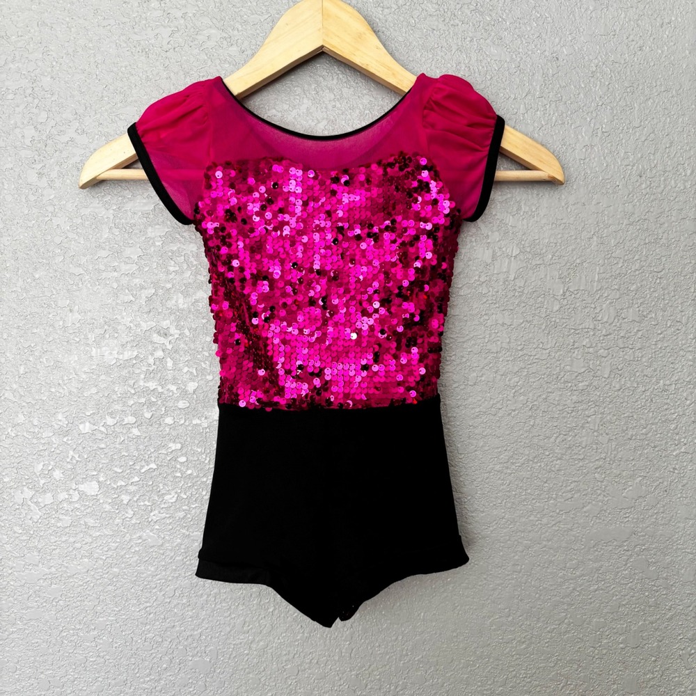 Weissman Kids Sparkle Sequin‎ Dance Leotard Costume Hot Pink Black Size SC